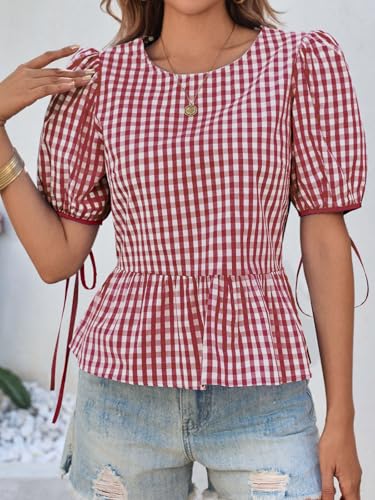 Cicy Bell Womens Puff Sleeve Gingham Blouse Summer Ruffle Peplum Babydoll Tops Cute Plaid Cotton Shirts4