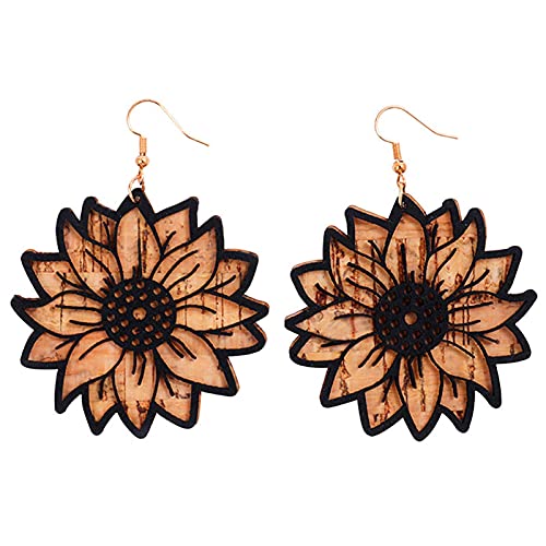 3D Wooden Sunflower Daisy Dangle Earrings Colorful Leather Sunflower Print Earrings Handmade Bohemian Flower Drop Earrings For Women Girls Jewelry (C) #TOP24