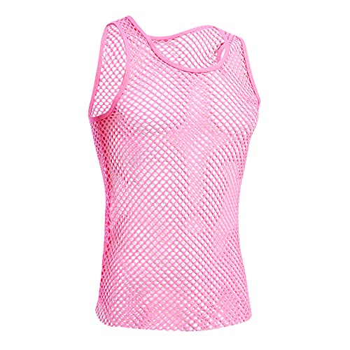 Abafip Men's Sleeveless Fishnet Tank Top Mesh Sheer Undershirt Semi See Thru Workout Gym Slim Fitted Muscle Tee Shirt Clubwear Pink Medium #TOP5