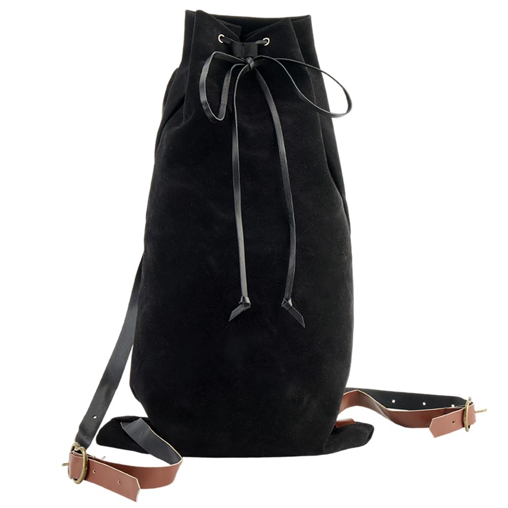 GORGECRAFT Medieval Backpack Black Drawstring Fibre Bag with PU Leather Straps and Alloy Clasps Portable Pouch for Viking LARP Renaissance Outdoor Activities Cosplay Gym Workout Hiking 18x10.8 inch