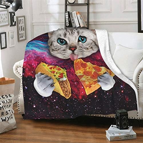 CUAJH Funny Cute Galaxy Cat Pizza Blanket for Adult Kids 50"x60", Lightweight Soft Flannel Fleece Throw Blanket for Bed Couch Sofa Chair Office