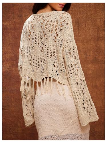 GORGLITTER Women's Crochet Lightweight Sweaters Boho Fringe Hollow Out Long Sleeve Poncho Trendy Pullover Crop Tops3