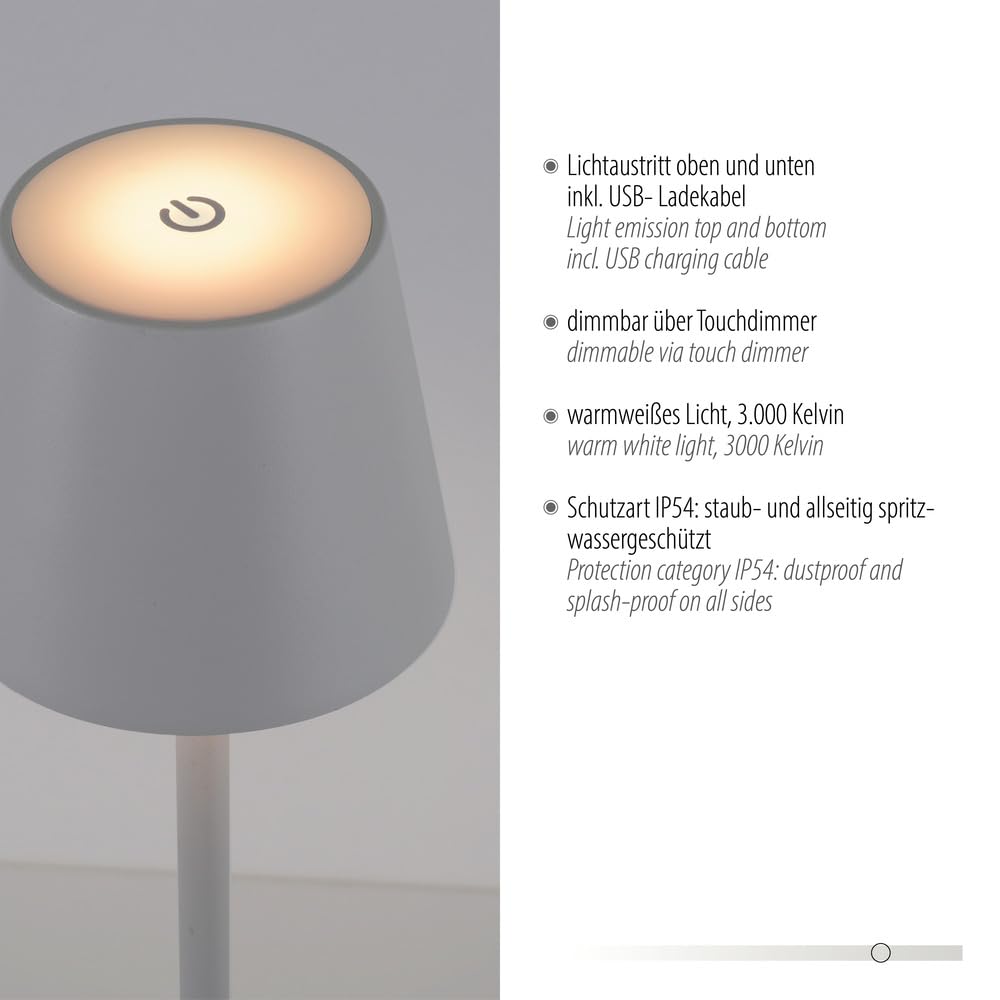 Just Light. LED Tischleuchte 2er SET, Weiß, Akku USB, Touchdimmer Dimmbar | IP54 Außen, Garten/Camping/Balkon/Terrasse, Metall/Kunststoff