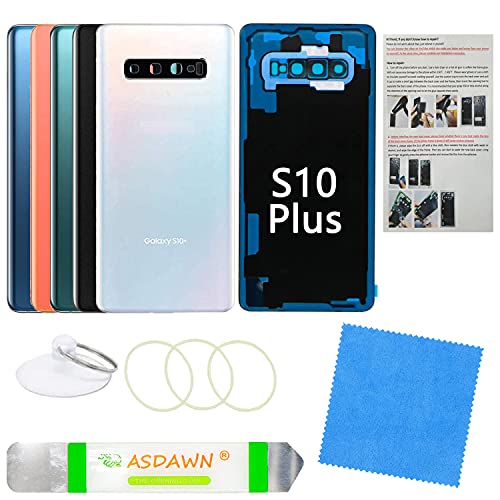Galaxy S10+ Back Glass Cover Replacement Housing Door with Pre-Installed Camera Lens + All The Adhesive + Repair Tools for Samsung Galaxy S10 Plus SM-G975 All Carriers(Prism White)