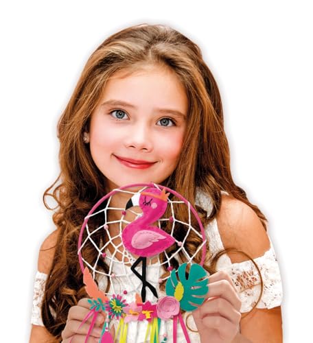 Lena Traumfänger Bastelset mit Flamingomotiven, 56 Teile Komplettset mit 20 cm Ring, Bändern, Schnüren, Nadeln, Perlen und Stoffblumen für kreatives Basteln, geeignet für Kinder ab 6 Jahren