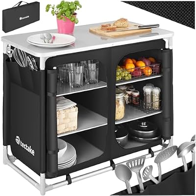 TecTake® Cocina Plegable Ligera con Bolsa de Transporte, Mesa y Armario de Cocina - Negro
