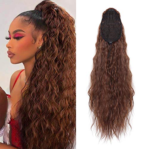 22 Inch Long Water Wave Drawstring Ponytail Synthetic Fiber Corn Wave Ponytails Hair Piece Curly Wavy Pony Tail Clip in Hair Extensions for Women (#30)