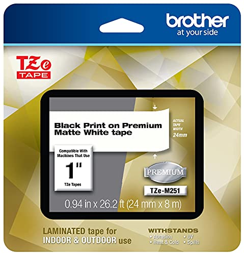 Brother P-Touch TZe-M251 Black Print on Premium Matte White Laminated Tape 24mm (0.94”) Wide x 8m (26.2’) Long