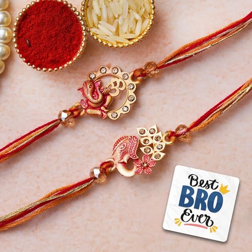 Image of eCraftIndia Set of 2 Red & Golden Lord Ganesha, Om Symbol Rakhis, Best Bro Ever Fridge Magnet with Roli Chawal Pack - Rakhis for Brother, Bhabhi, Kids