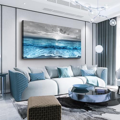ERQINHUA Large Canvas Printed Artworks Mural Wall Decor For Living Room Wall Art For Bedroom Office Restaurant Decoration Blue Sea Wave Ocean Paintings Beach Wall Pictures Modern Home Decor 30"X60"