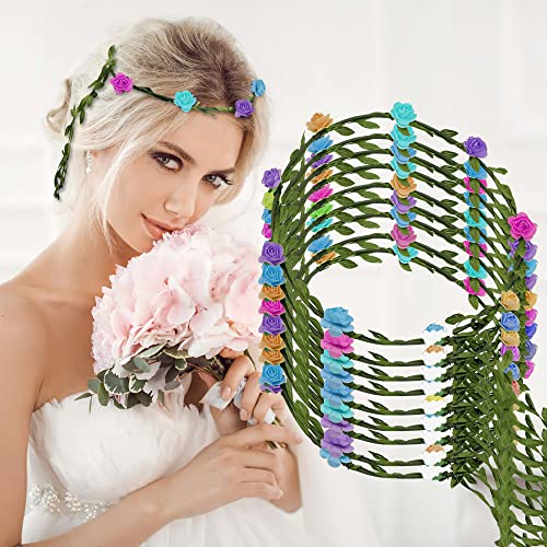 STCRERAG 9 Stück Blumenkranz Kopfschmuck Mehrfarbig Blume Kopfschmuck Bunte Haare Blumenband Damen Haarkranz Hochzeit Verstellbare 9 Farben Blume Krone für Hochzeit, Brautparty, Geburtstag Cover