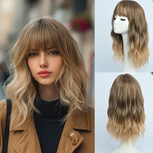 Novastel Ombre Blonde Wigs Human Hair with Bangs Long Wavy