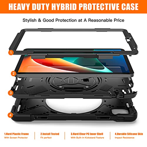 Rugged Case for Xiaomi-Mi-Pad-5 / MiPad-5-Pro 11 inch 2021 w/Stylus Holder & Kickstand, Portable Heavy Duty Hybrid Shock-Proof Cover with 360° Rotatable Handle, Shoulder Strap (Black)