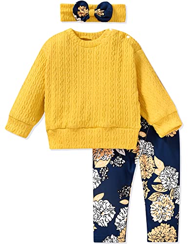 Image of fioukiay 3 Months Girls Clothes Newborn Baby Girls Fall Winter Outfits Infant Pullover Sweatshirt Pants Clothing Set (Yellow, 0-3 Months)