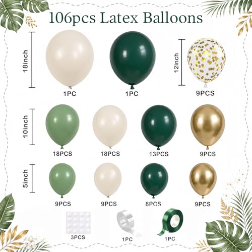 Image of Emerald Green White Gold Balloons Arch Kit, 106 PCS Dark Green Sage Dusty Olive Green Sand White Beige Metallic Gold Confetti Balloons for Birthday Graduation Wedding jungle Safari Party Decorations