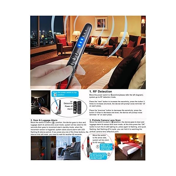 Hidden Camera Detector,Anti-spy Wireless WiFi Camera Scanner Hidden Camera Lens Finder + Door Open & Luggage Movement Alarm,3 Modes, 40 Hours Working Time - Image 3