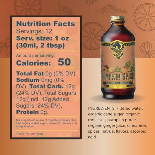 Image of Portland Syrups Pumpkin Spice Syrup - Organic Pumpkin & Ginger Coffee Syrup for Lattes, Mocktails, & Baking - Rich Flavor, Organic Cane Sugar, Natural Ingredients,12 oz Bottle, 24 Servings (Pack of 1)