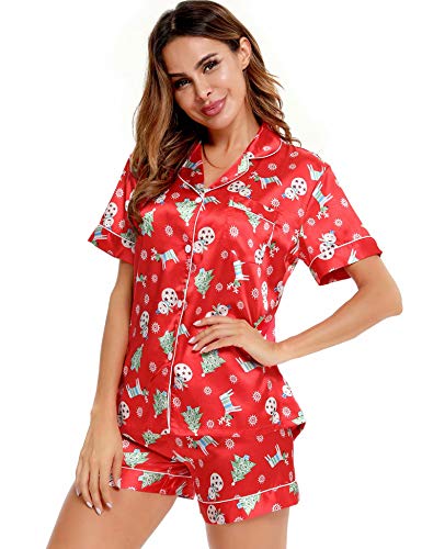 Image of SWOMOG Womens Silk Satin Pajamas Set Short Sleeve Sleepwear Button Down Top and Shorts Loungewear 2 Piece Pjs Set XS-3XL