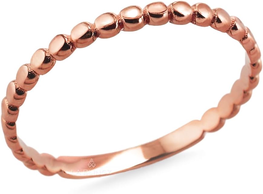 LA BLINGZ Dainty Solid Gold Beaded Ring Band for Women – 10K/14K Stackable Yellow, White & Rose Gold Ring – Delicate Minimalist Jewelry