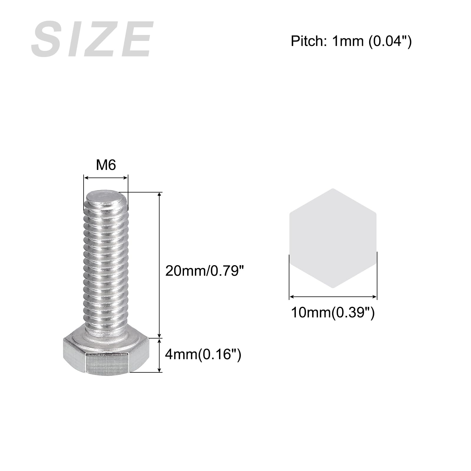 METALLIXITY Hex Bolts (M6-1x20mm) 50Pcs, 304 Stainless Steel Coarse Fully Threaded Hex Head Screw Bolt Machine Screws - Image 2