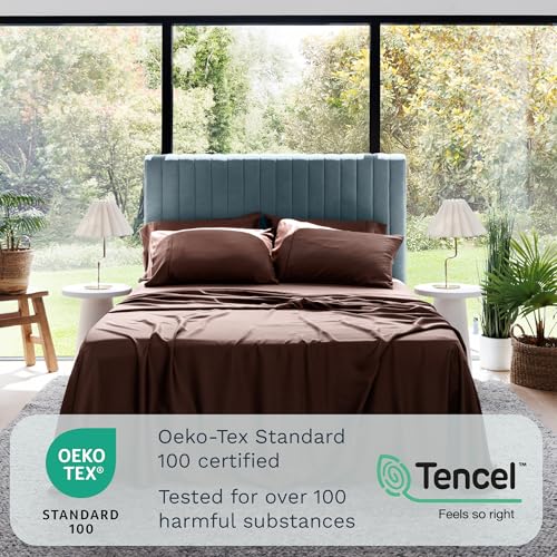 Image of Olive + Crate Tencel Lyocell Eucalyptus Queen Size Sheet Set - Cooling Tencel Sheets for Hot Sleepers with 18 Inch Deep Pocket Fit - Cacao 4-Piece Set