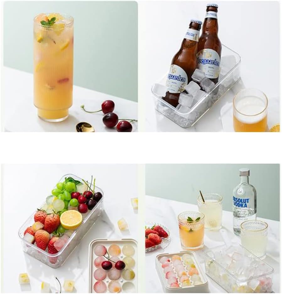 Ice Cube Mold, Large Capacity Ice Tray, Household Freezer Ice Box, Refrigerator Freezer Ice Cube Mold W/Lid/Green (White)