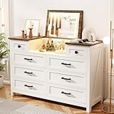 BROTTAR Dresser with Mirror for Bedroom, Chest of Drawers with LED Mirror, 8 Drawer Dresser, White Dressers for Kids, Wood Dressers, Farmhouse Makeup Vanity with Storage for Bedroom