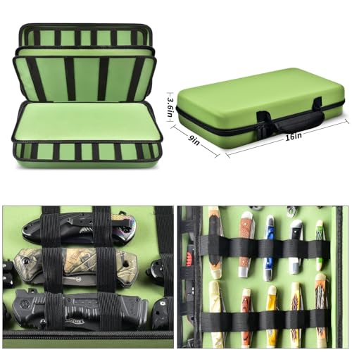 Image of GWCASE Display Case for 66+ Pocket Knives. Folding Holder, Butterfly Storage Organizer, Roll Collection Pouch Carrier Bag for Survival Tactical Outdoor for EDC Mini Knife -Green
