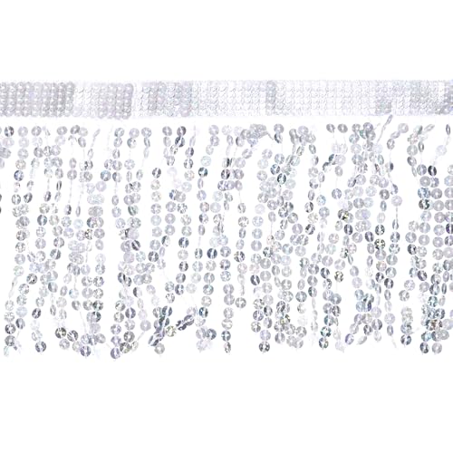 uxcell 1 Yard 6 Inch Sequins Fringe Trim, Sequins Lace Sparkling Fringe Trim Tassel Ribbon for DIY Latin Dance Dress Clothing Sewing Craft Decor (Silver)