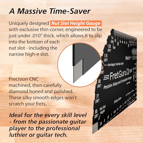 Image of FretGuru METRIC+ 8-in-1 String Action Gauge Guitar Fret Ruler Precision Fret Rocker - Precise CNC Machined, Diamond Honed, Polished Edge Guitar String Height Gauge - Luthier Tool with Leather Case