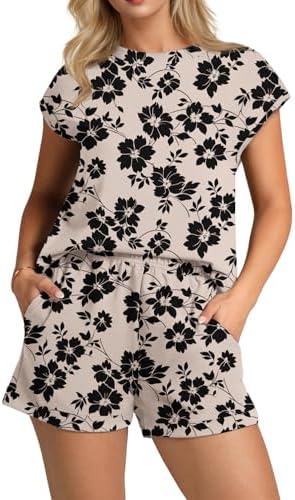 PrinStory 2 Piece Lounge Sets for Women Summer Outfits Short Sleeve Womens Short Sets Casual Matching Set