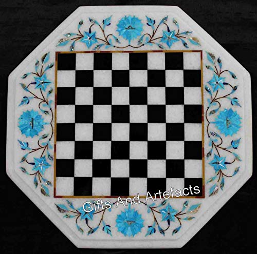 Table basse octogonale en marbre table d'échecs incrustation turquoise pour décoration intérieur