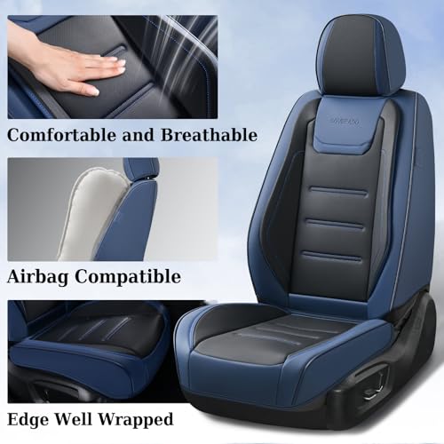 Image of Coverado Car Seat Covers Full Set, Seat Covers for Cars, Waterproof, Leather Car Seat Cushion, Universal Car Interior Covers Seat Protectors for Most Cars Blue