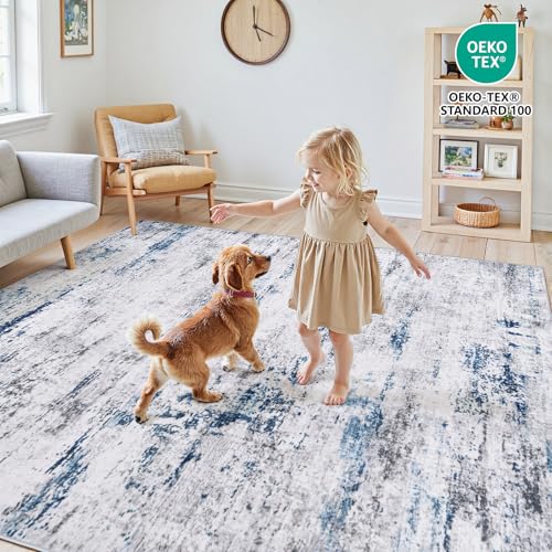 Image of 8x10 Area Rugs for Living Room Large Washable Abstract Rug White Gray Blue