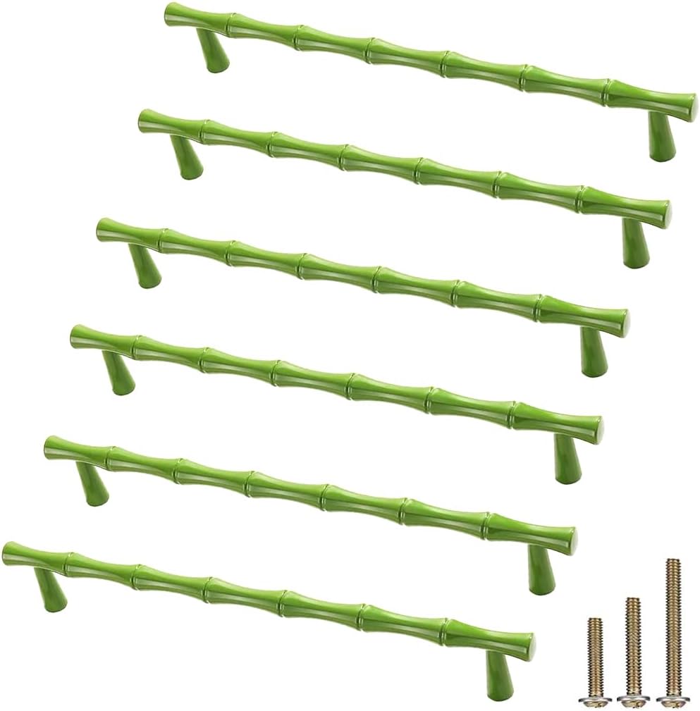 6Pcs Bamboo Shape Solid Zinc Alloy Cabinet Knobs Handle pulls, Dresser Drawer Cabinet Cupboard Closet Door Pull Decorative Furniture Accessories Knobs (Green, Length 8.7"/Hole Distance 7.6")