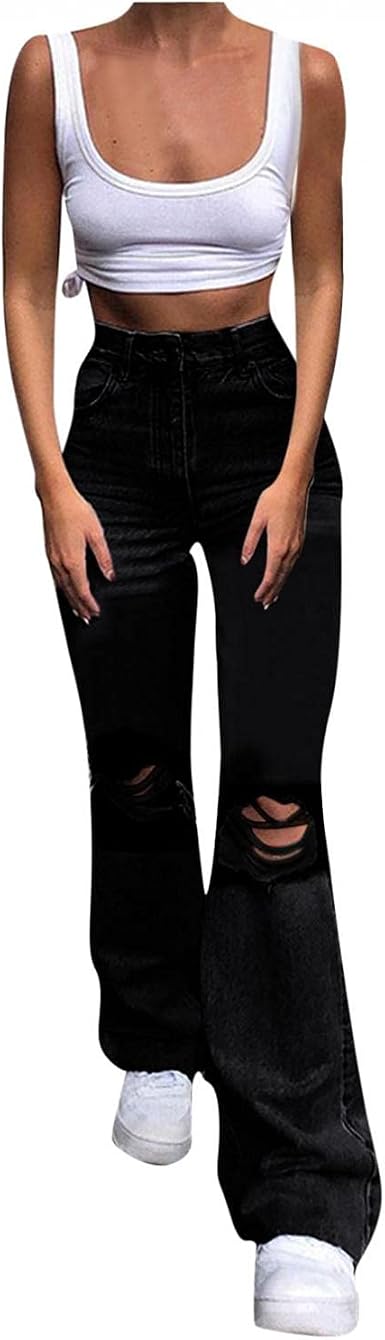 Amazon.com: Pantalones de mezclilla acampanados de cintura alta para mujer,  pantalones ajustados a la cadera, dobladillo holgado, corte de bota,  pantalones de mezclilla con agujeros rasgados a la rodilla : Ropa, Zapatos