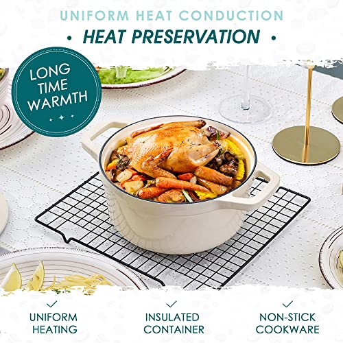 Miniatura 5 de Vancasso Olla De Hierro Fundido, 26 Cm 5 Litros Horno Holandés Hierro Fundido Esmaltado Con Tapa Redonda De Acero Inoxidable Para Cocina Estofado, Paella, Freír, Asar, Saltear - Blanco