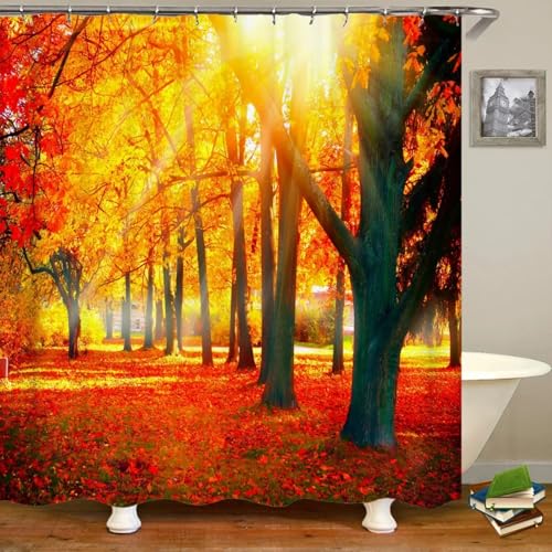 Rideau de douche en polyester imperméable effet 3D paysage de forêt automnale - 2