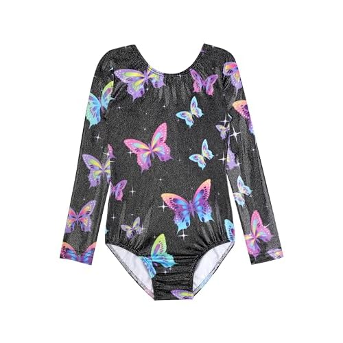 HOZIY Gymnastics Leotards for Girls Unicorn Pink Purple Sparkly Dancewear Activewear Quick Dry 9-10 Years Long Sleeve-black Colorful Butterfly