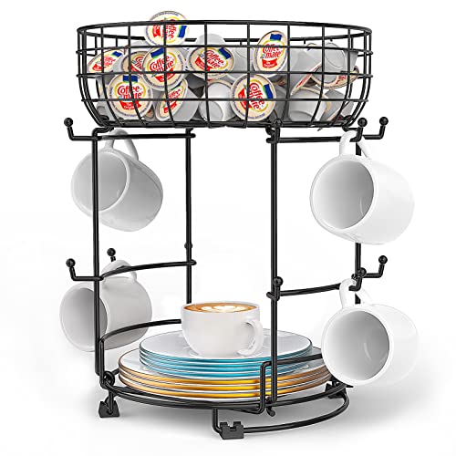 Auledio Mug Tree with Storage Basket,Coffee Mug Holder for 12 Mug Hooks,Multifunctional Coffee Cup Holder For Counter- Black