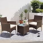 Greesum 3 Pieces Patio Dining PE Rattan Wicker Chair Furniture Set with Cushion and Glass Coffee Table for Outdoor Garden Backyard Poolside, Brown and Beige - Image 2