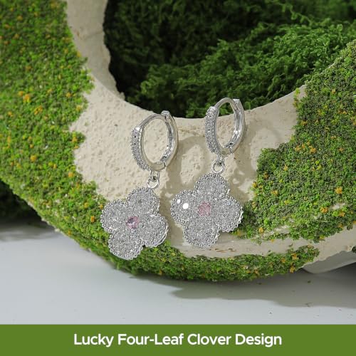 Image of Clover Earrings for Women Trendy 14K Gold Plated Four Leaf Stud Earrings Silver Flower Huggie Hoop Lucky Dangle Drop Earrings Jewelry St. Patrick's Day Christmas Anniversary Birthday Gift for Lover Daughter Mother Girlfriend