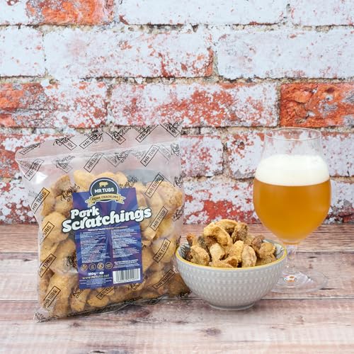 Mr Tubs Premium Pork Scratchings - Glutenfrei - Perfekt Gesalzen, Tüten Im Pub-Stil, Proteinreicher, Kohlenhydratarmer, Ketofreundlicher Snack Aus Schweineschwarte (1 x 250 g Beutel, Perfekt Gesalzen)