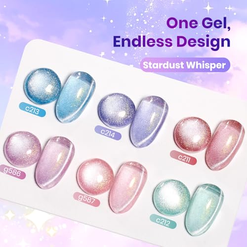 Image of Beetles Stardust Whisper Cat Eye Gel Polish Set - 6 Colors 15ML Full Size Spring Gel Polish Kit Glitter Cat Eye Pink Blue Purple Red Green Velvet Gel Magnet Soak Off UV French Nail Art Manicure Gifts