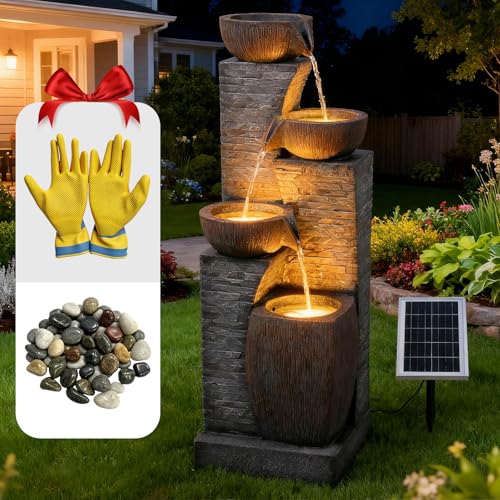 KAISOKU 38.2' Tall Solar Water Fountain Outdoor Garden,Stone Texture Modern 4 Tiers Cascading Bowls Garden Fountains Outdoor,Suit for Patio, Deck, Porch, Lawns, Backyard and Home Art Decor