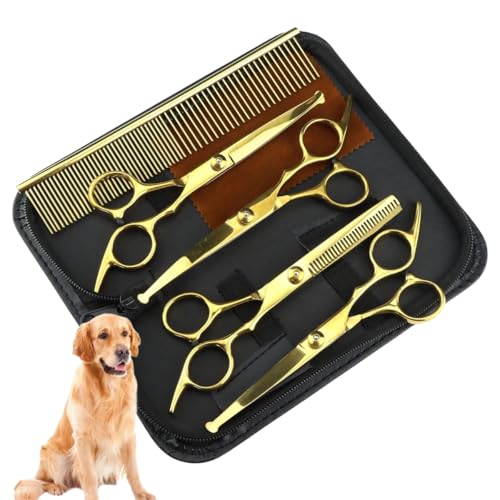 Kit Tesoura Multifuncional Cabelo/pelos Para Cabeleireiro e Pet Shop Tosa Banho Spitz (Dourado)