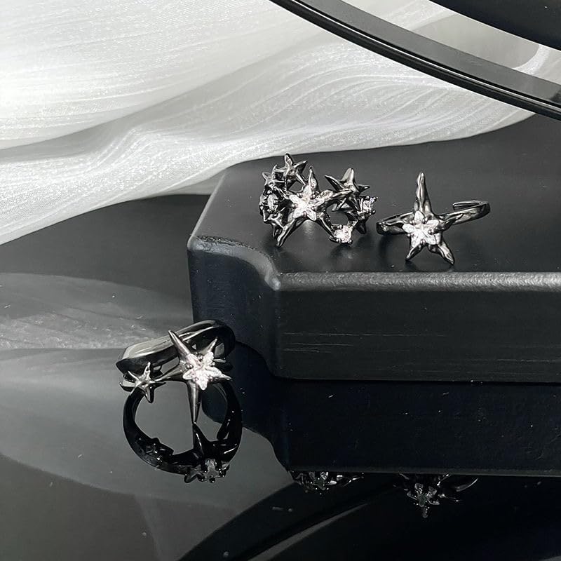 3Pcs Y2k Rings for Women Vintage Star Statement Rings Punk Grunge Goth Chunky Rings Wide Sparkling Crystal Adjustable Open Ring Fashion Irregular Black Stacking Rings Halloween Birthday Gift - Image 7