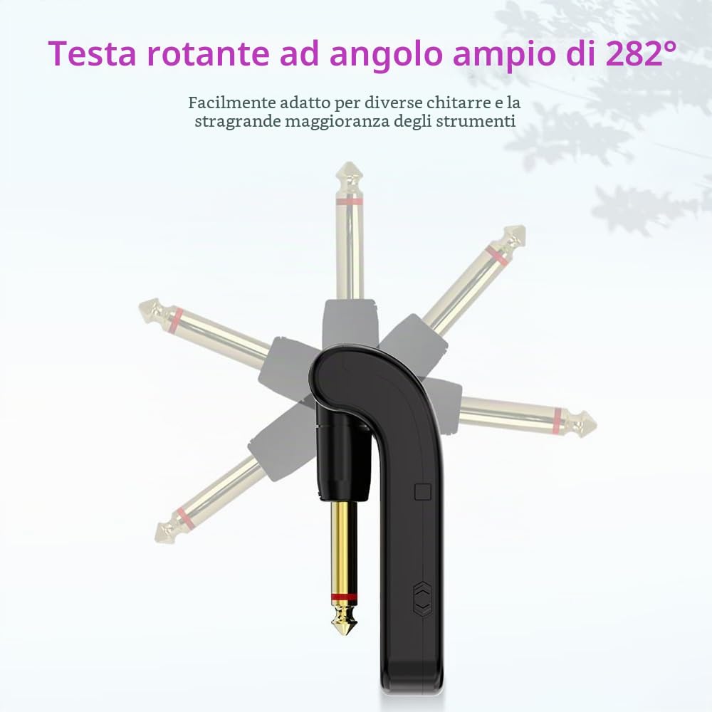 Kavolet di chitarra wireless 2,4 G, trasmettitore e ricevitore ricaricabili, con 10 ore di durata della batteria, Plug and Play, trasmissione in tempo reale 48 K/16 bit, spina girevole a 282