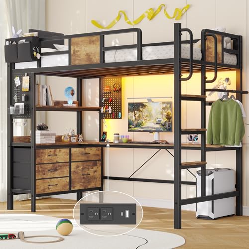 Image of Dnxao Loft Bed Twin Size with L-Shaped Desk and 5 Storage Drawers, LED Metal Twin Loft Bed for Teens & Adults, Space-Saving Workstation with Charging Station for Small Bedroom & Dorm, Rustic Brown