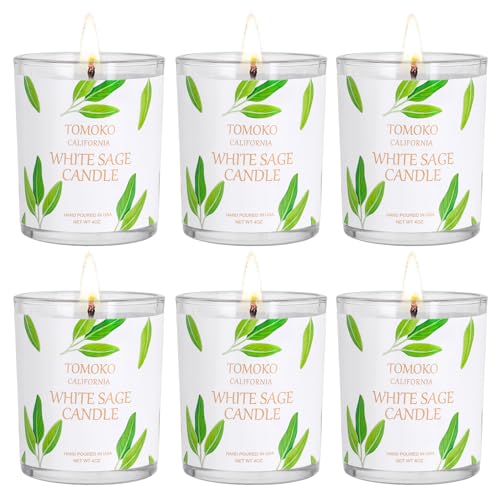 Tomoko White Sage Candle (6oz) 6 Pack with Rose, Lavender and Himalayan Salt
